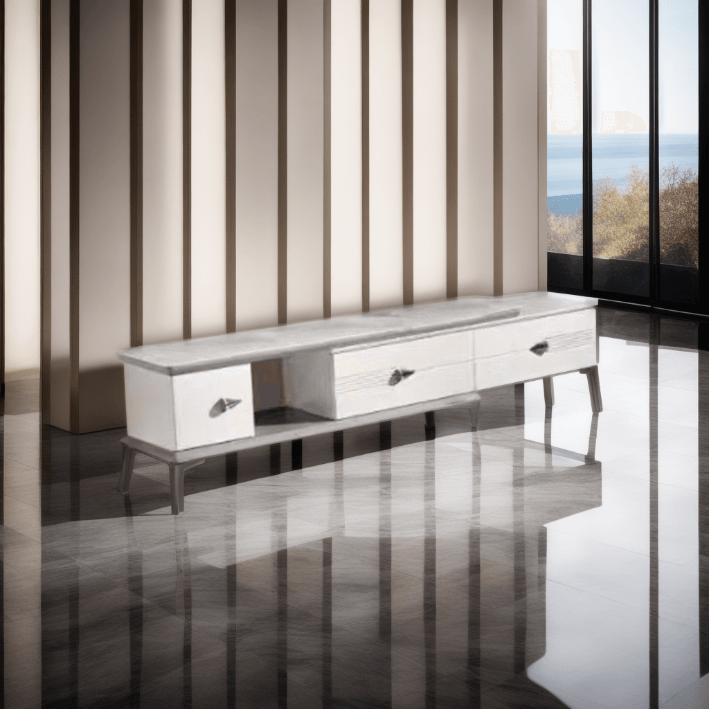 Etta Extendable TV Console with Glossy White Jade Stone Top Singapore